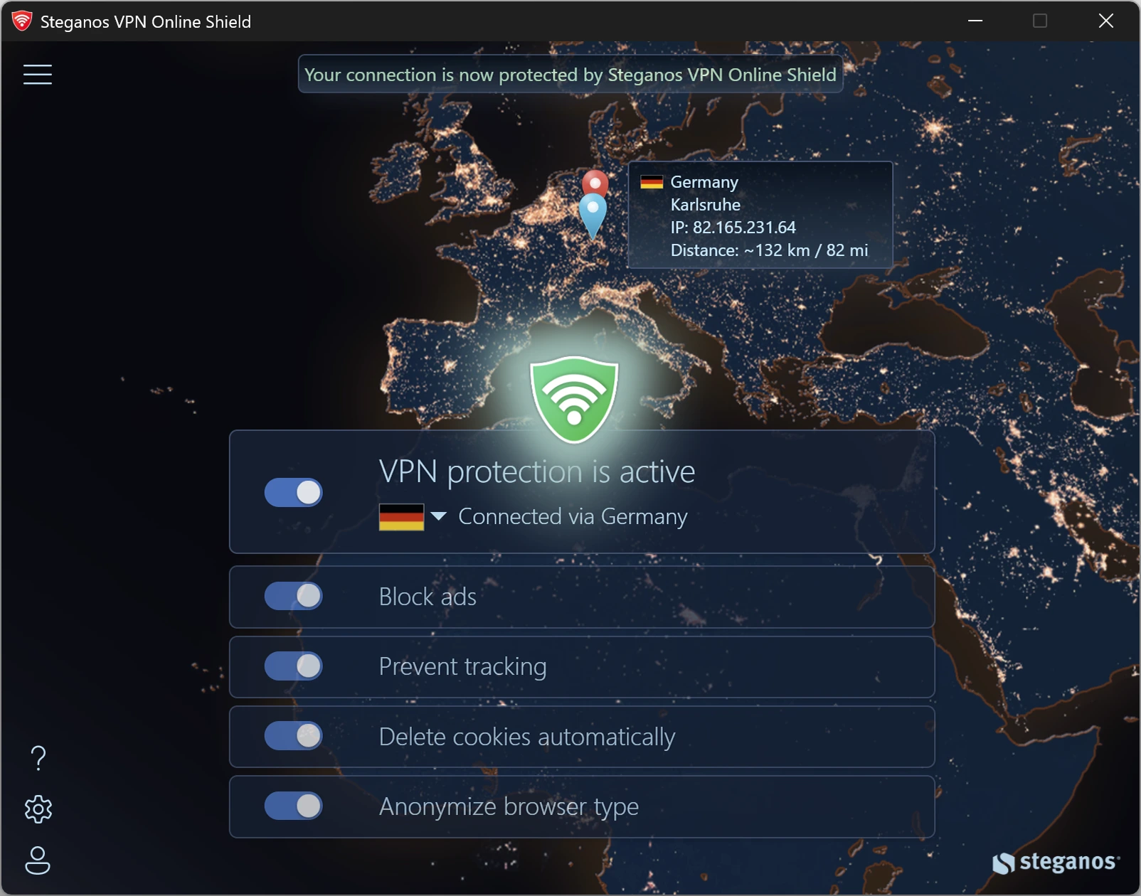 Steganos VPN Online Shield in dark mode